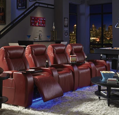 Red leather home theater set in media room