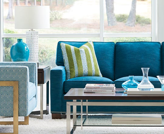 Contemporary sofa closeup in teal blue fabric