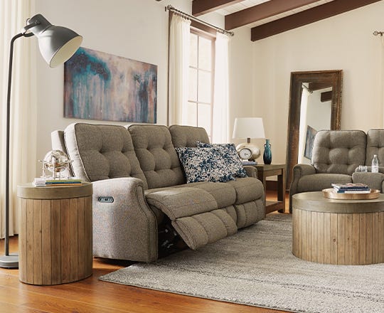 Grey leather sofa in white living room