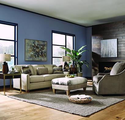 A contemporary living room painted blue, featuring a sofa, chair, ottoman and accessories like plants, a lamp and more.