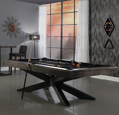 Industrial style pool table in a living room