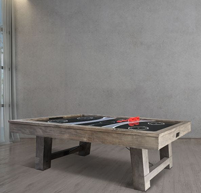 Air hockey table with reclaimed wood finish in a contemporary living space