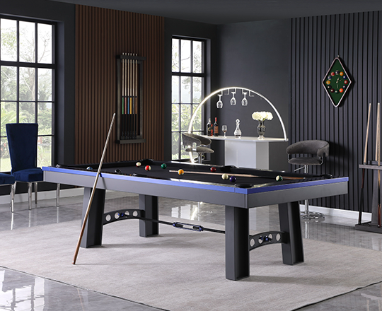 Modern steel pool table in a living room