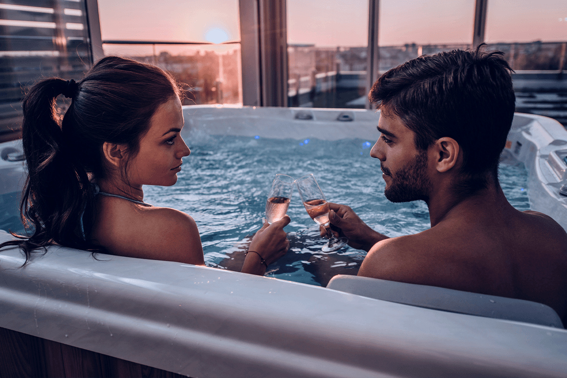 Woman sitting in spa during autumn 
